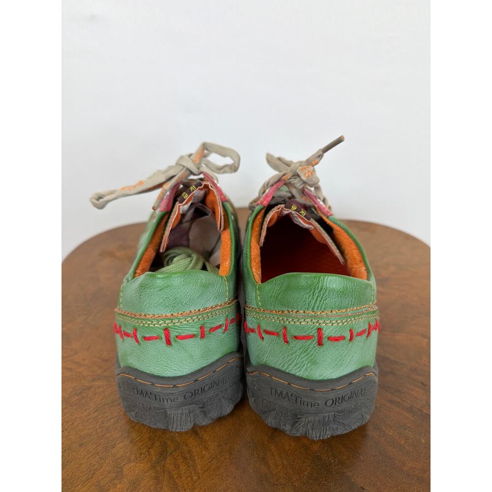 TMA Eyes Green Leather Lace Up Red Stitching Wide Toe Comfort Shoes 10.5 - Picture 4 of 9